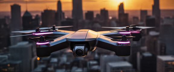 A drone hovers over a city skyline at sunset, capturing breathtaking aerial views of urban architecture and vibrant colors