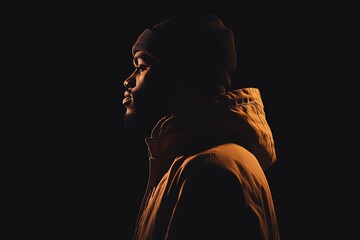 A modern African American man in a streetwear outfit is illuminated by warm studio lights, with a simple black backdrop.