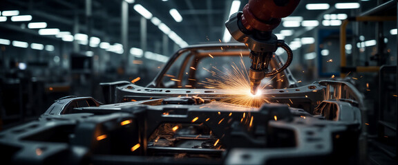 Robotic arm performing welding on automotive frame in a factory during nighttime