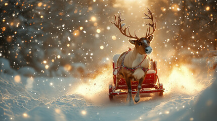 A playful reindeer pulls a colorful sleigh through a snowy landscape, creating a magical and cheerful atmosphere perfect for winter holidays