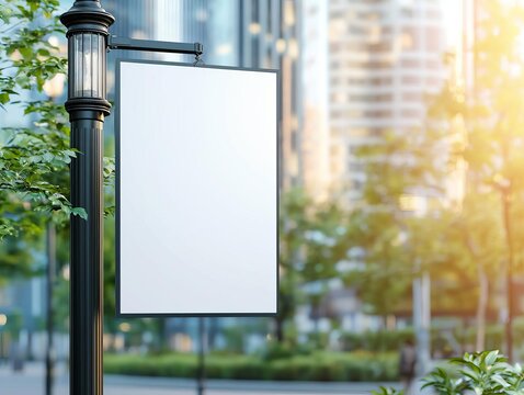 Blank white banner on a tall black lamp post, urban environment, soft morning light, customizable space