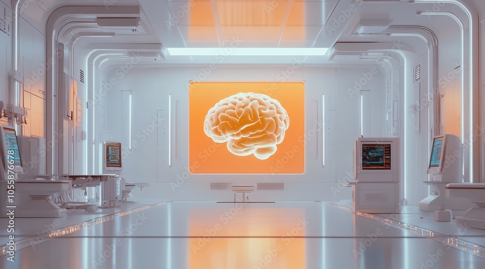 Poster a sci-fi laboratory with large screens displaying an image of the human brain, futuristic equipment,