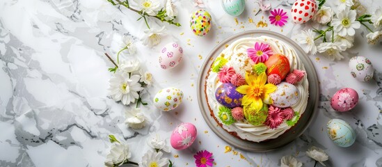 Naklejka premium Traditional Easter Cake With Colored Eggs And Flowers Marble Background Top View