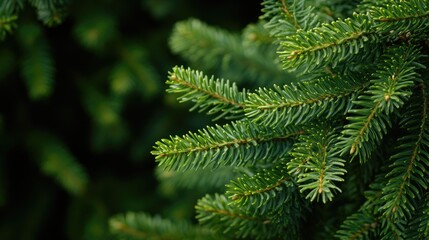Fototapeta premium Winter background featuring beautiful green fir tree branches Close up of spruce needles Nature inspired winter banner with ample copy space for text