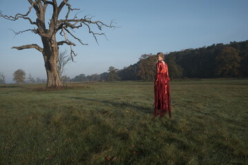 Fashion portarait of a young blonde girl in red strange dress. Autumn nature and tree branches. Sunrise and fog