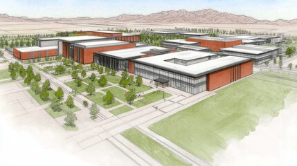 Fototapeta premium Modern Campus Building Architectural Design Sketch