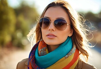 beautiful model girl in sunglasses against the background of trees
