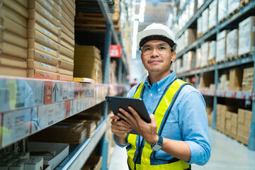 A man wearing a yellow vest and a hard hat is standing in a warehouse with a tablet in his hand