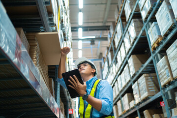 A man in a yellow vest is looking at a tablet while standing in a warehouse. He is wearing a hard hat and safety glasses