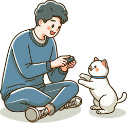 a cartoon drawing of a man and a cat with a cat on the ground.


