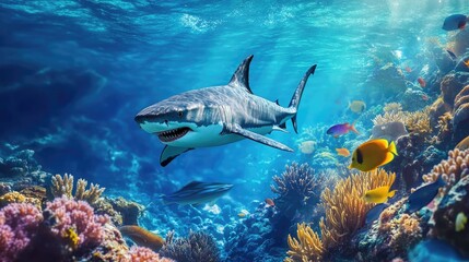 Obraz premium White shark and fish swim beneath the waves near coral reefs showcasing a wild sea predator in vibrant blue waters Theme of ocean life teeth wildlife and marine nature