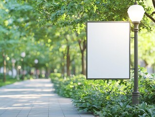 Modern lamp post with blank banner, urban park scene, bright daylight, customizable advertisement space