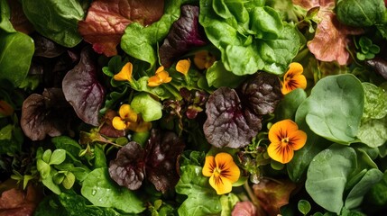 Close up view from above of a salad featuring vibrant green and red leaves accompanied by small edible yellow flowers