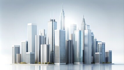 Naklejka premium Minimalist modern cityscape with sleek skyscrapers and a white textured background, urban landscape, steel and glass, busy streets
