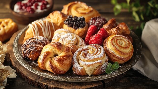 Tempting Arrangement of Delicious Danish Pastries on a Serving Platter