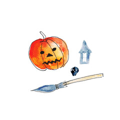 Pumpkin with broom and skull in watercolor.
Hand painted