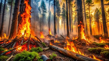 Obraz premium Macro Photography of Devastating Forest Fire Engulfing Trees in Flames, Nature's Fury Captured in Detail