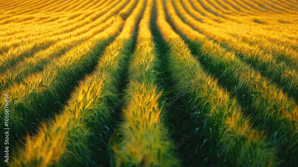 Poster golden and green wheat fields in rows