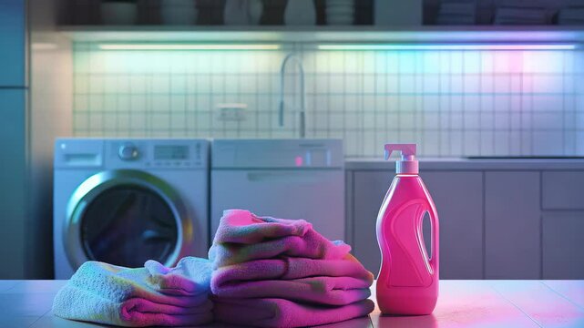 A laundry detergent liquid in pink, next to a folded cloth, and a washing machine in back.
