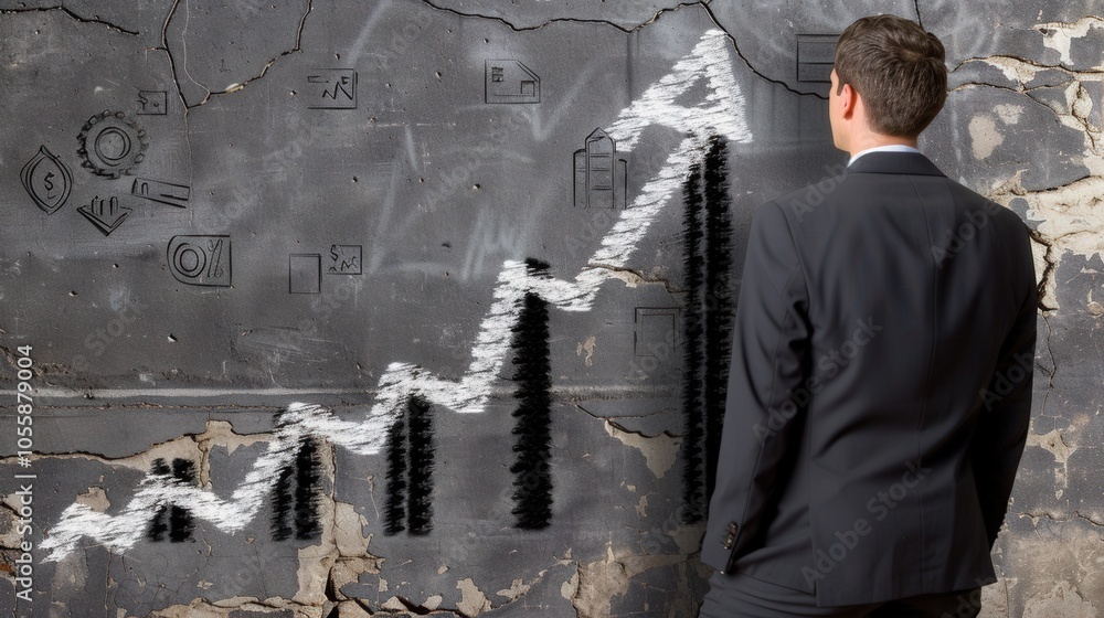 Poster a man in a suit is looking at a chalkboard with a graph of a rising line