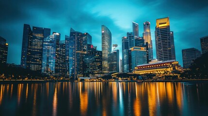 Naklejka premium Illuminated Skyscrapers Reflecting on a Calm Water Surface at Night
