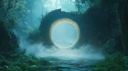 Mysterious glowing portal surrounded by fog in a lush green forest with a circular stone structure