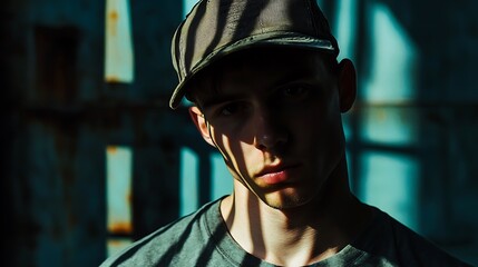 Man wearing a cap angled downward, casting dramatic shadows on his face, with an industrial backdrop