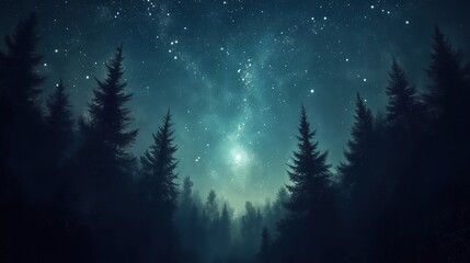 Naklejka premium Dark Forest Under a Starry Night Sky