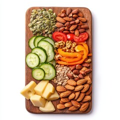 Colorful assortment of nuts, seeds, vegetables, and cheese on wooden platter. flexitarian food concept