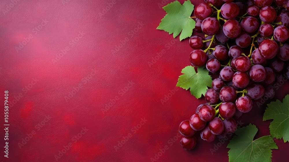 Poster fresh ripe grapes on a red purple backdrop with ample space for text