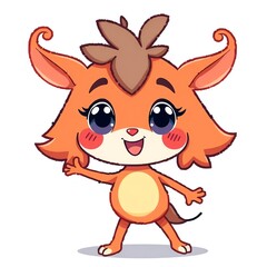 Fototapeta premium A cute orange cartoon creature with large eyes and a friendly smile, waving its hand in greeting.