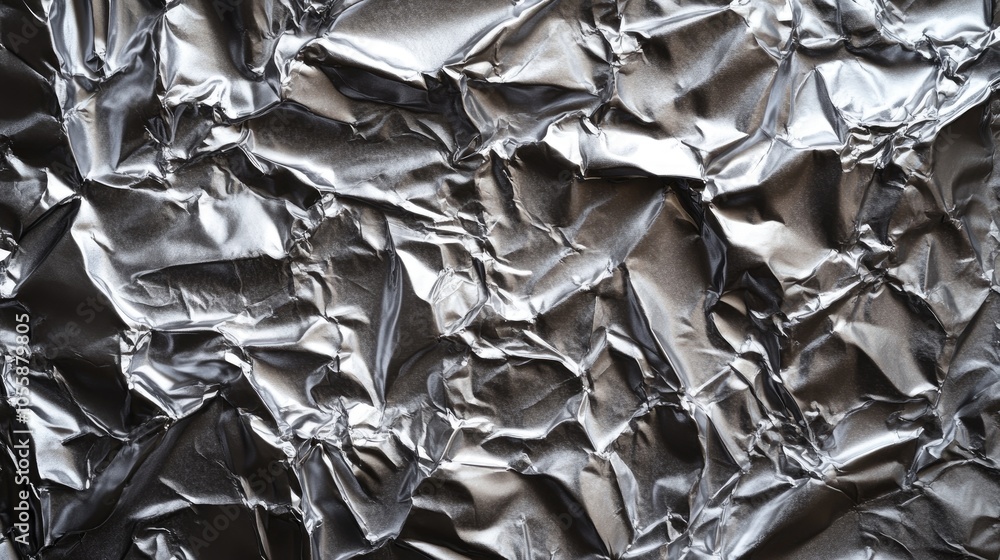 Poster close up of a crumpled metallic surface showcasing complex textures creating an abstract silver back