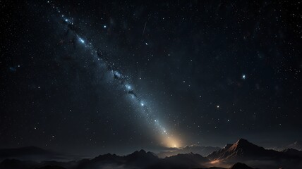 Naklejka premium A dramatic night sky with a bright, glowing galaxy and twinkling stars, set against a silhouetted mountain range. The scene is illuminated by a faint light source on the horizon.