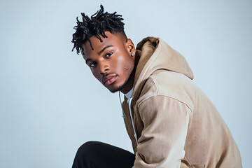 Obraz premium A young African American man in a casual streetwear outfit strikes a pose under bright studio lighting, with a solid white background.