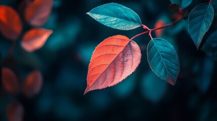 Obraz premium Close-up of vibrant red leaf on a plant with dark background