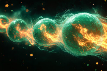 Toxic green spheres with flame on black background.