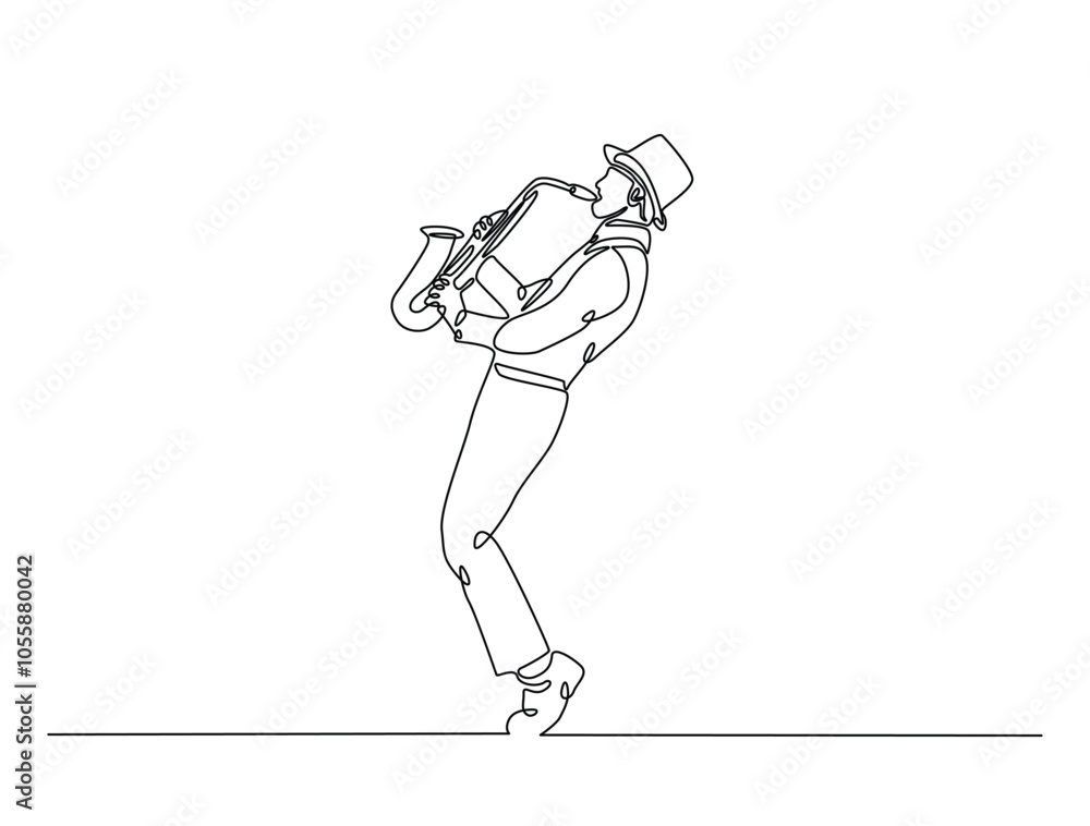 Poster continuous one line drawing of saxophonist mucisian. saxophone player single line art vector illustr