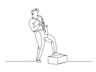 Continuous one line drawing of Saxophonist mucisian. Saxophone player single line art vector illustration. Editable vector.