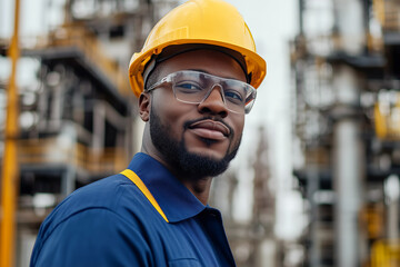 Portrait of African American man engineer in blue uniform, yellow hard hat, and protective glasses stands against blurred background of refinery.