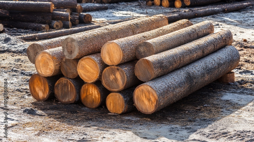 Poster piled log trunks from the timber industry featuring wooden pine trunks ready for processing