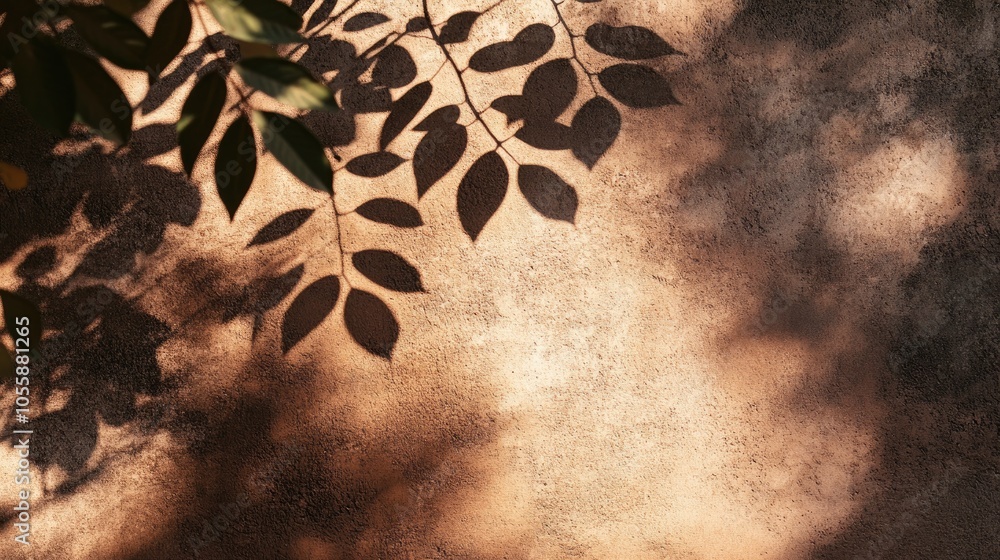 Poster abstract shadows of tree leaves on a textured brown concrete wall featuring rough and irregular surf