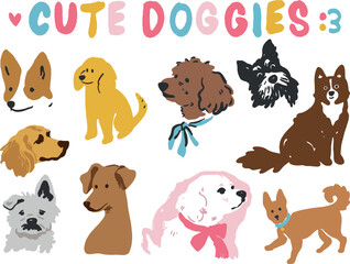 Cute Little Dog Doodles Fun Animal Pet Puppies Collection Drawing Vector Set