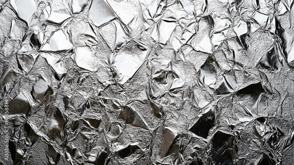 Poster close up of a crumpled metallic surface showcasing complex textures creating an abstract silver back
