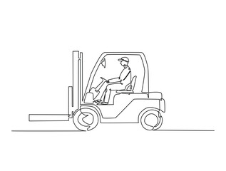 Continuous one line drawing of worker driving forklift. Forklift truck single line art vector illustration. Editable vector.