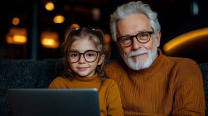 A young girl and her grandfather smile at the camera while looking at a laptop screen.