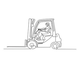 Continuous one line drawing of worker driving forklift. Forklift truck single line art vector illustration. Editable vector.