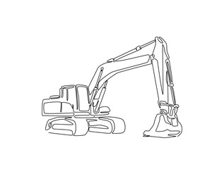 Continuous one line drawing of excavator. Heavy Construction Equipment single line art vector illustration. Editable vector.