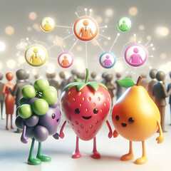 3D Fruity Financial Networking Event Concept with Sociable Characters, Cartoon Fruits Connecting, Soft Abstract Bokeh Background, Collaboration and Networking Visuals, Isolated Icon Design