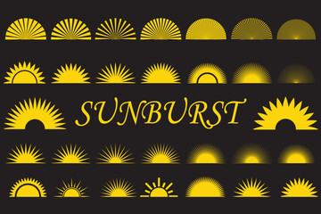 Sunburst vector icons set on dark background. Set of vintage half sunburst, Sunrise collection in gold color. Bursting, light, starburst rays, or sunrise firework design elements. Vector Illustration.