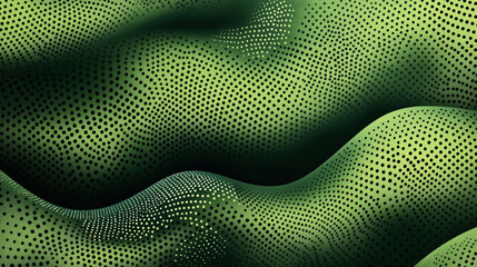 Abstract green waves with black polka dot patterns creating a smooth, flowing texture effect. The design features curved shapes and varying dot sizes, forming a dynamic, fluid background.